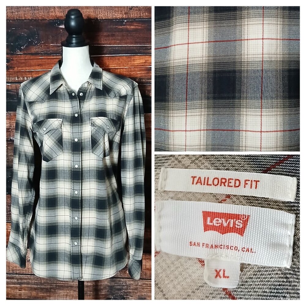 Levi's Top XL Tailored Fit Western Flannel Snap Front Shirt Plaid Cotton